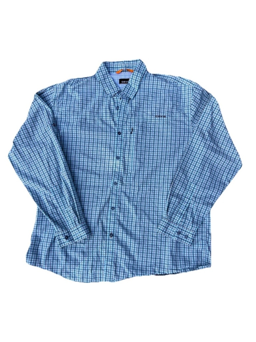 Orvis Men's XL Blue Check Fishing Shirt Mesh Lining Zip Pocket Long Sleeve